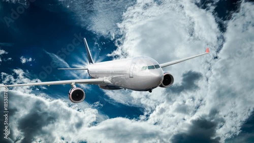 Commercial passenger airplane flying above clouds in clear blue sky, symbol of global travel, business, modern transportation, and aviation industry. The video is generated from my real photo.