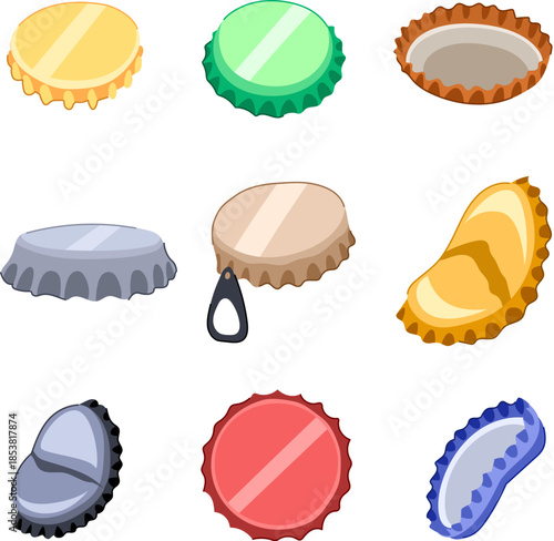 Assortment of new and used bottle caps, displaying various colors, shapes, and conditions, representing beverage closures and potential reuse materials