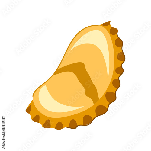Abstract illustration showing a golden dumpling, empanada, or calzone pastry with a crimped edge, presenting a simple and stylized design on a clean white background
