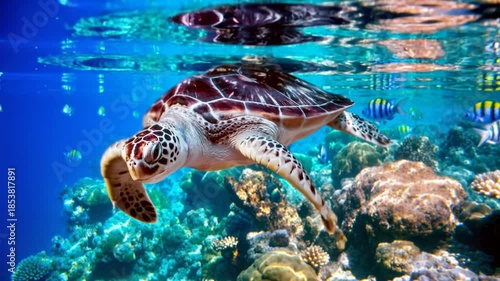 Sea turtle swims under water on the background of coral reefs. The video is generated from my real photo.