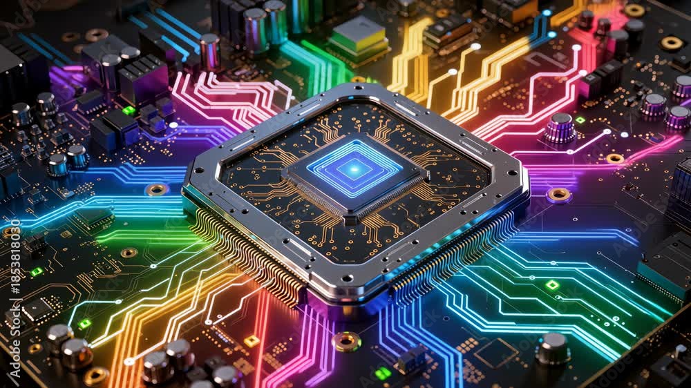 custom made wallpaper toronto digitalFuturistic microchip on a motherboard with glowing neon circuits, symbolizing artificial intelligence, data processing, and advanced computing.
