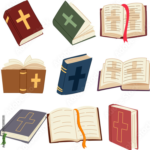 Various christian bibles and study books, some open with bookmarks and others closed, showing colorful covers and prominent cross symbols for faith, worship, study, and devotion