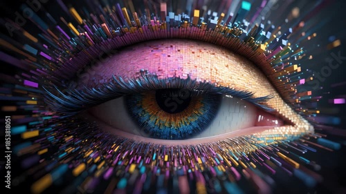 Vibrant cybernetic eye with shimmering mosaic iris, glowing neon lashes, and dynamic digital shards radiating futuristic energy and artificial intelligence.