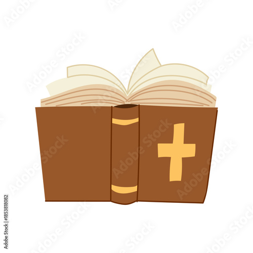 Brown covered christian bible with gold cross and open pages, symbolizing faith, worship, scripture study, spiritual wisdom, tradition, and guidance for learning and devotion