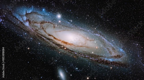 Majestic spiral galaxy glowing in deep space, with a bright core, dust lanes, and countless stars scattered across the dark cosmic background.