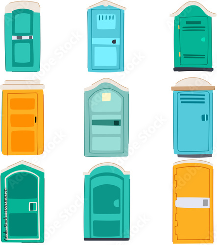 Portable toilets collection featuring nine individual units in various colors and designs, representing temporary outdoor sanitation and public utility facilities for events and construction sites