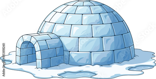 Traditional ice igloo illustration in blue tones isolated on white background for winter arctic cold climate and snowy shelter concept.