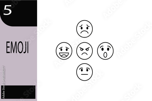 Black and white line emoji icon set featuring Happy, Sad, Angry, Surprised, and Neutral faces. Minimalist outline style, clean thin stroke, editable line, flat vector illustration, isolated on white b
