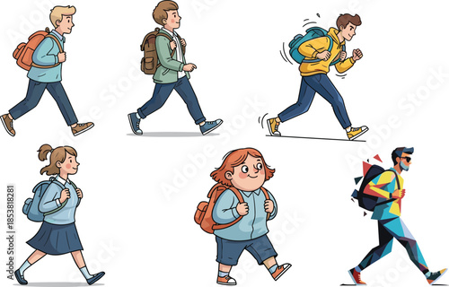 Cartoon people walking, backpack characters, diverse outfits, motion styles, abstract design, colorful vector, student theme, modern illustration, casual movement, artistic concept
