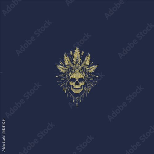 Vintage hand-drawn illustration of a human skull wearing a grand tribal feather headdress with ornate patterns and hanging charms