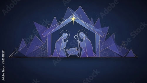 Nativity scene in minimalist geometric style on dark blue background