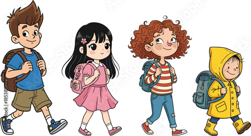 Cartoon children walking, school backpacks, diverse students, cheerful illustration, educational theme, colorful outfits, back to school, vector design, childhood concept, learning journey