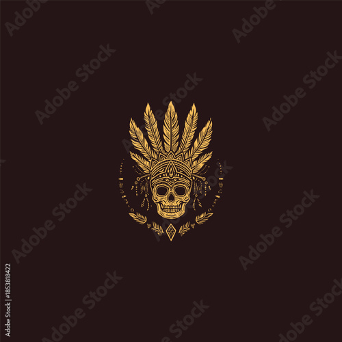 Vintage hand-drawn illustration of a human skull wearing a grand tribal feather headdress with ornate patterns and hanging charms
