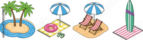 Tropical summer beach set including a small island with palm trees, beach chairs under an umbrella, a surfboard, and a pink inner tube.