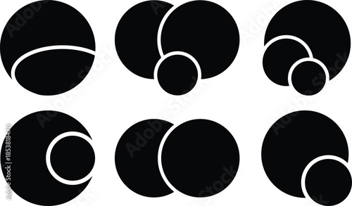 Minimalist Abstract Black Circle Geometric Logo Set with Circular Overlap Elements. Six Modern Round Spheres.