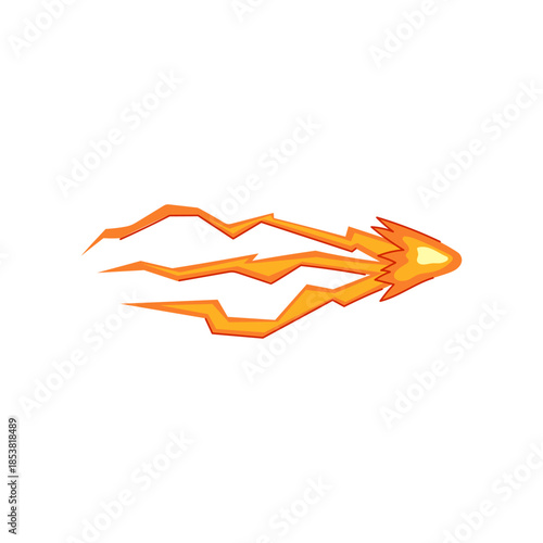 Stylized orange yellow energy blast laser streak moving forward on white background, conveying speed, power and dynamic sci fi action for game, ui or graphic design use