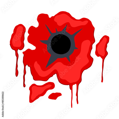 Bullet hole showing impact with jagged edges surrounded by dripping red blood splatter, illustrating violence, injury, and crime on a white background