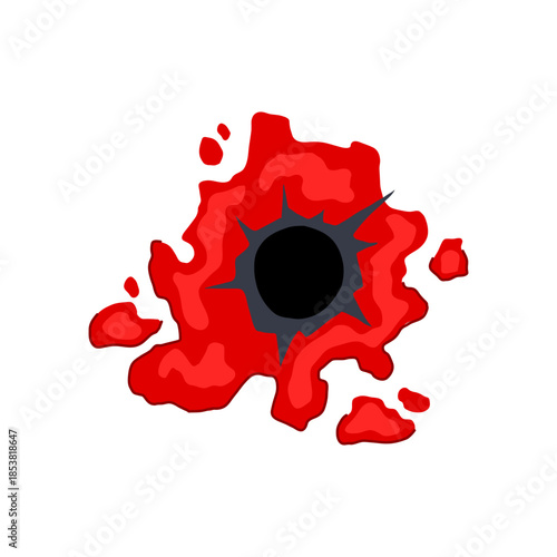Bullet hole impact with torn surface and vivid red blood splatter, graphic close up evoking gunshot injury, violence, crime scene or forensic evidence on white background