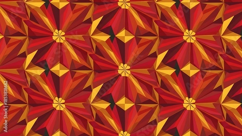 Vibrant geometric pattern with red and gold abstract shapes