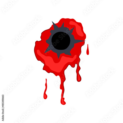 Bullet hole showing a dark impact mark with jagged edges, surrounded by a vibrant red blood splatter and dripping down, symbolizing violence, injury, and danger