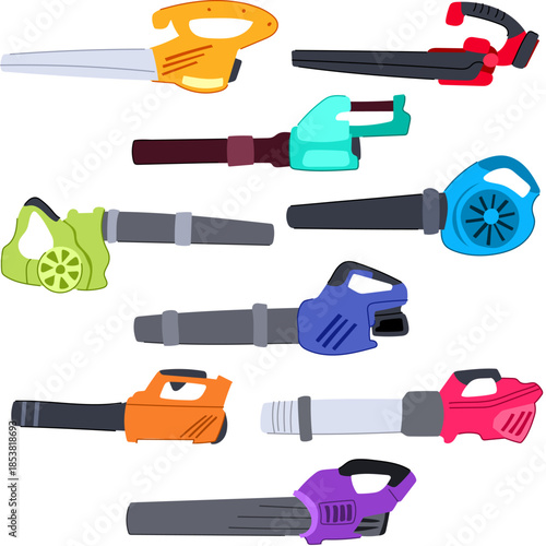 Diverse electric and gas leaf blowers illustrating equipment for yard maintenance, cleaning autumn leaves, and landscaping tasks on a white background