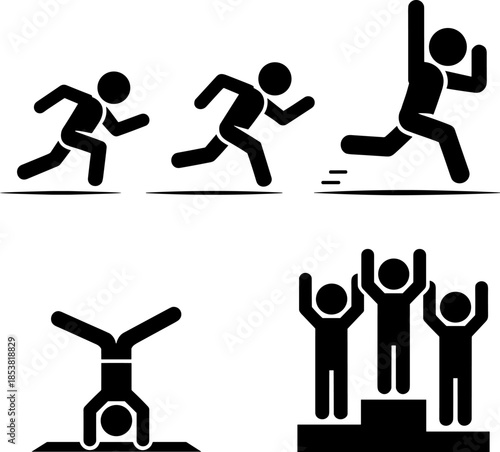Athletic Competition Silhouette Set Featuring Runners Sprinters Gymnasts and Winners on Podium for Sports Performance Fitness and Active Lifestyle Branding