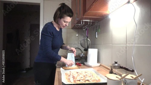 A woman wearing an apron prepares food in a cozy kitchen, illuminated by warm under-cabinet lights. The scene captures everyday domestic life, cooking, and the simple pleasure of home.