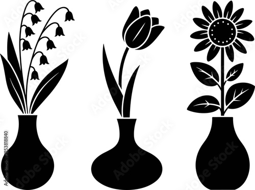 Floral Silhouette Set Featuring Sunflowers Tulips and Lilies in Vases for Interior Home Decor Spring Gardening and Nature Inspired Designs