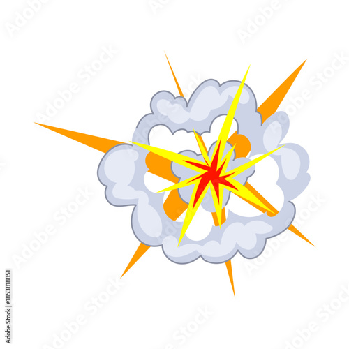 Cartoon explosion with bright yellow rays and gray smoke, comic style blast effect conveying impact, energy and motionperfect as vector icon, game asset, or warning symbol