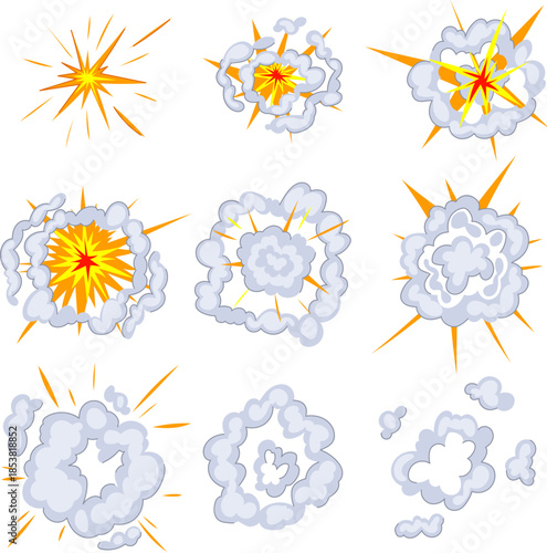 Cartoon explosion effects set illustrating various stages of dynamic bursts, power, and smoke clouds, representing impact, boom, and comic book style elements