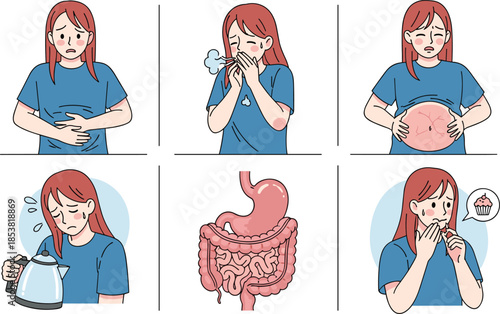 Vector Illustration Of Woman Experiencing Digestive Problems Including Bloating Heartburn Stomach Ache And Gas Along With Human Digestive System Anatomy Diagrams