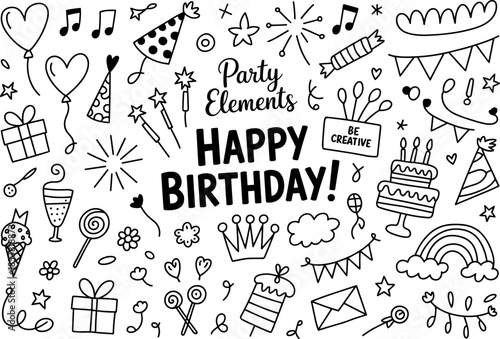 Hand Drawn Happy Birthday Party Elements Doodle Set Featuring Cake Balloons Gifts Hats and Fireworks for Celebration Greeting Cards and Invitations