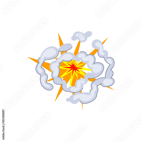 Dynamic graphic depicting a comic book style explosion effect, featuring a bright yellow and red impact radiating orange spikes and surrounded by expanding grey smoke clouds