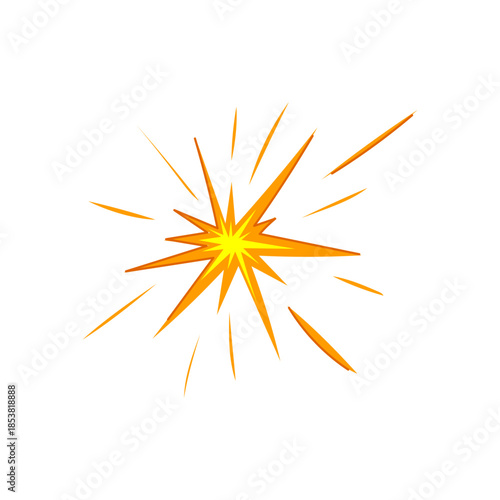 Stylized graphic displaying a vibrant yellow and orange starburst, creating an energetic feeling of a sudden impact, flash, or explosion on a clean white background
