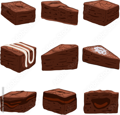 Brownie desserts present a diverse collection of chocolate cake pieces, featuring different shapes, coverings like chocolate stripes and powdered sugar, and rich molten fillings for a sweet concept