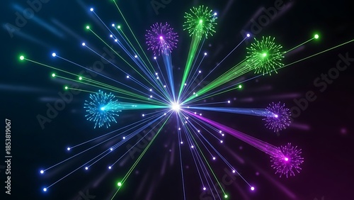 Vibrant colorful fireworks exploding in dark night sky with bright lights