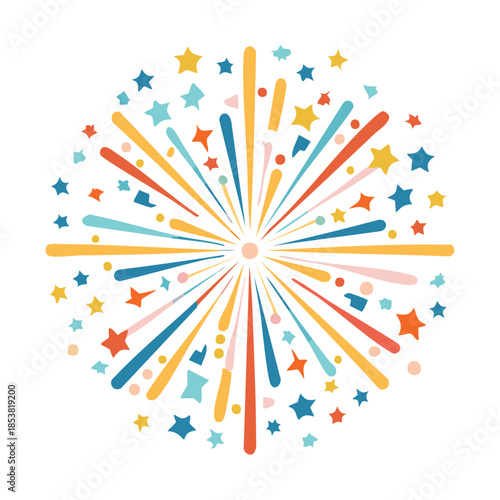 Vector illustration of a colorful abstract background featuring a rainbow burst of stars and circles with art pencils and crayons for a school education design pattern