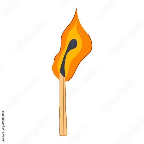 Burning wooden matchstick with a vibrant, flickering flame illustrating concepts of ignition, energy, starting, and warmth against a clean white background