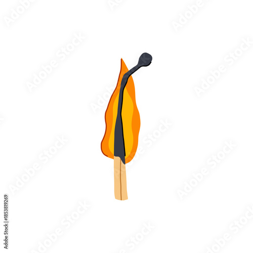 Wooden matchstick igniting with bright yellow orange flame, charred tip and glowing spark on white background, symbolizing ignition, energy, warmth, risk and new beginnings