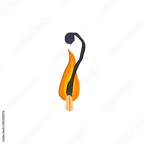 Wooden matchstick burning brightly, visualizing warmth, emergency, progress, new beginnings, destruction, and danger, with charring wood representing an expiring moment