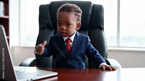 African american boy manager working on laptop and showing thumb up gesture at office. Little kid business concept.