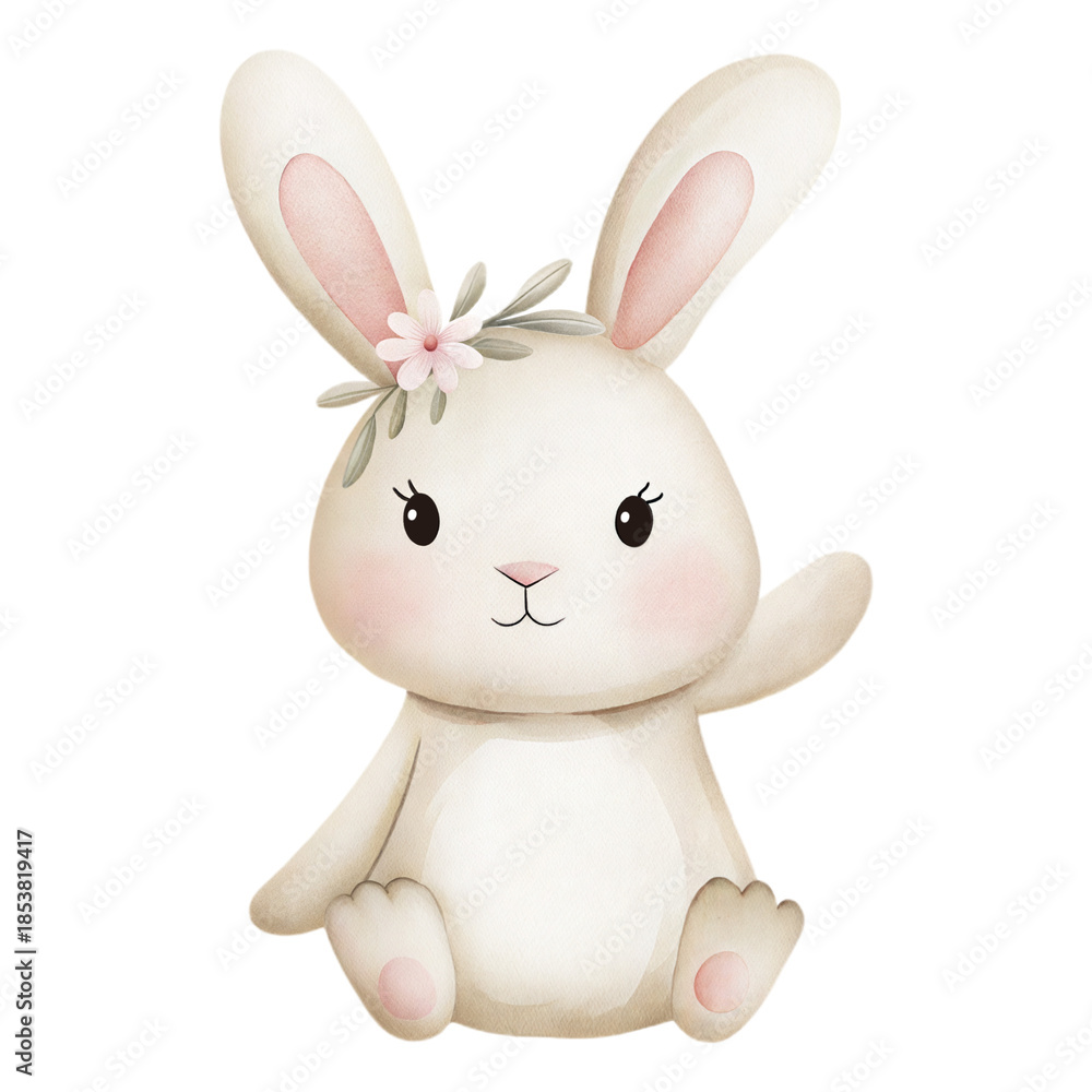Obraz premium Cute watercolor bunny with floral headpiece baby animal illustration