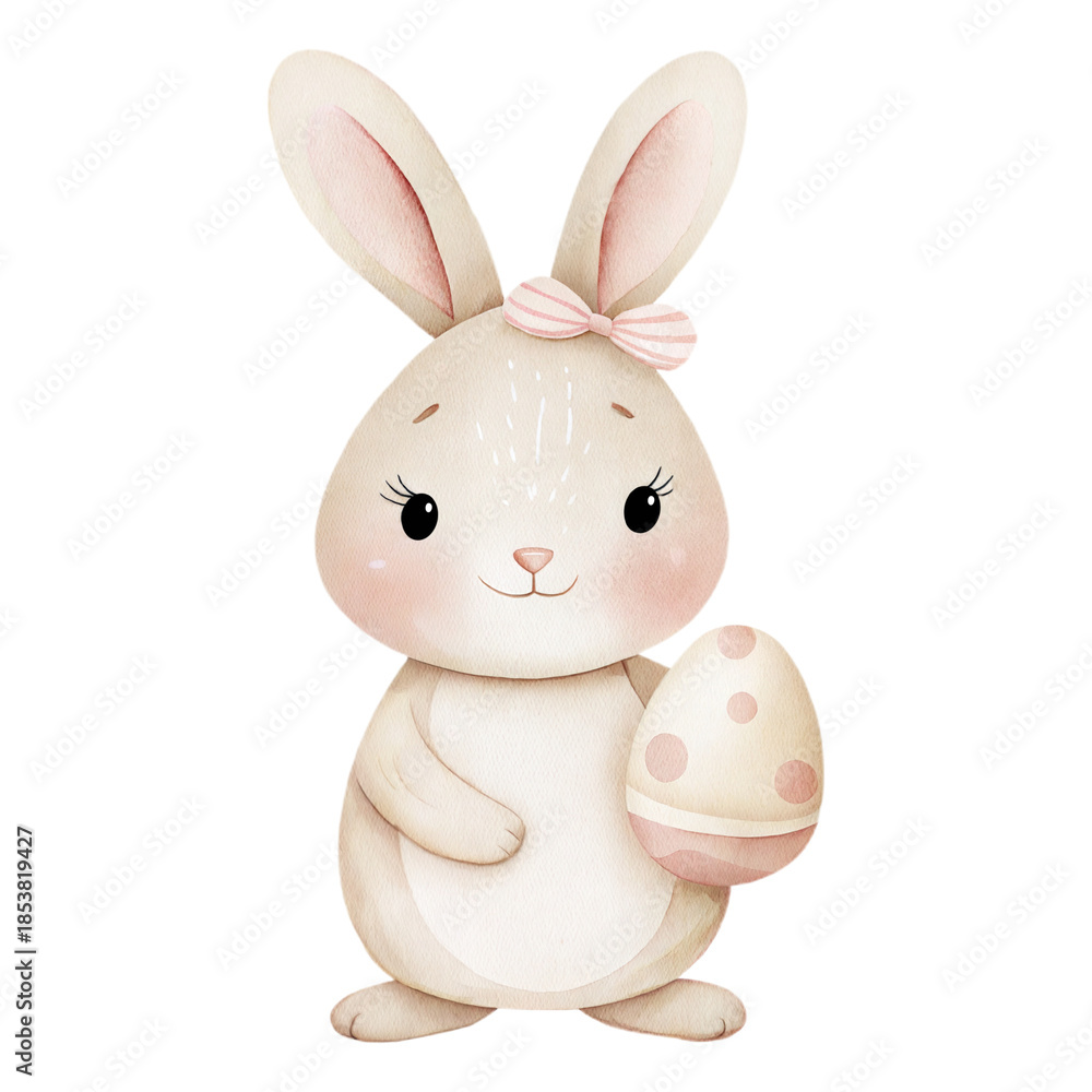Fototapeta premium Cute watercolor Easter bunny holding pastel egg nursery illustration