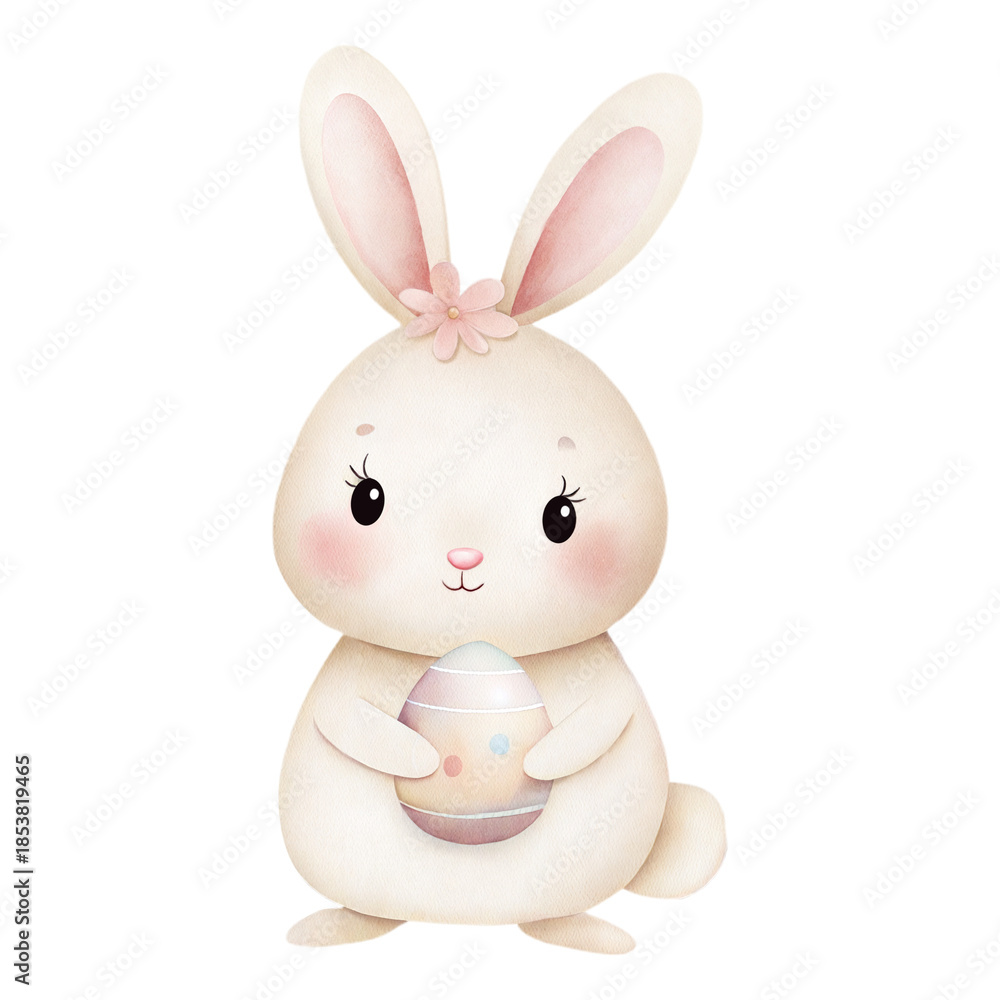 Obraz premium Cute watercolor bunny holding pastel Easter egg nursery illustration art