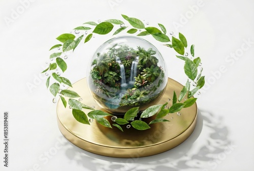 Sustainable circular economy concept with tropical forest and waterfall in a glass sphere on gold pedestal, surrounded by a ring of floating leaves and water droplets in a clean 3D render studio.