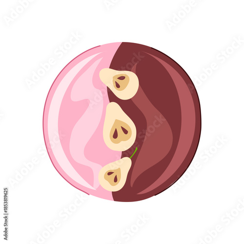 Round dessert with smooth pink and chocolate glaze toppings, garnished with three sliced pears, offering a visually appealing and delicious culinary experience for sweet cravings