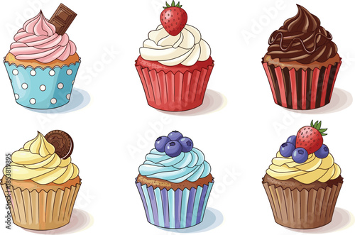 Vector set of delicious cupcakes with creamy frosting, chocolate bars, fresh strawberries, blueberries, and cookies for bakery menu and party.