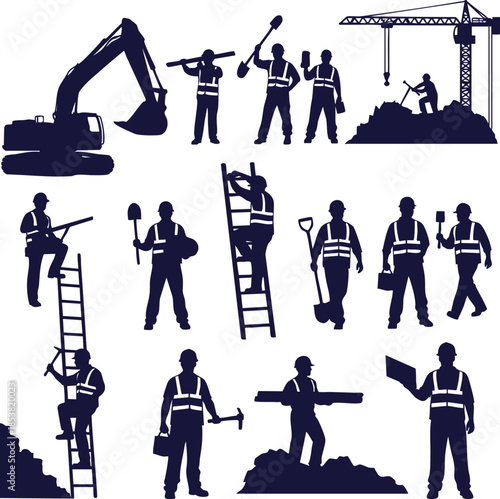 Silhouettes of workers building, operating machinery, and performing manual labor on a construction site, symbolizing industry and development