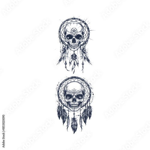Vintage hand-drawn illustration featuring two distinct designs of human skulls integrated into ornate dreamcatchers, decorated with intricate web patterns, hanging beads, and soft feathers.