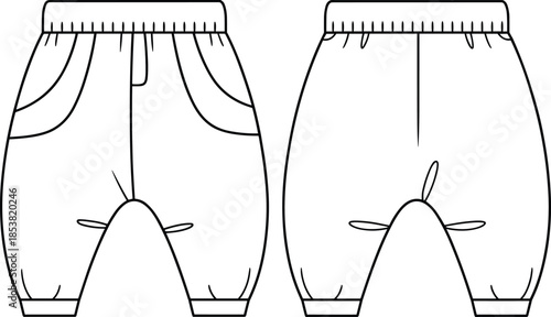 Children's pants technical sketch, front and back view, elastic waist, gusset crotch, cuffed hem, CAD drawing flat vector illustration